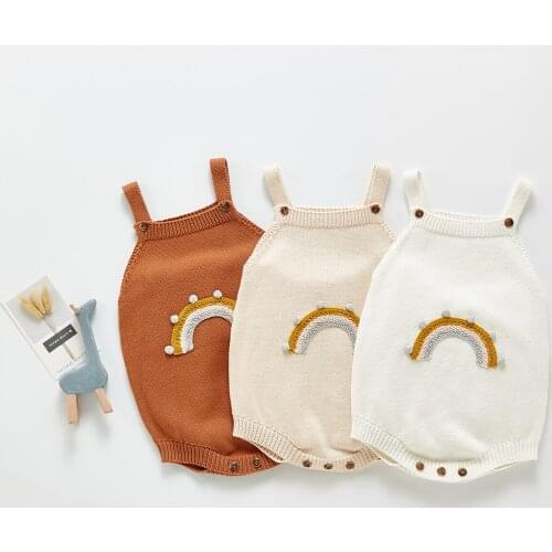 2021 0-24M Baby Summer Fall Knitted Romper Cute Girls Fur Bow Rainbow Strings Square Neck Sleeveless Jumpsuit Sweater Top