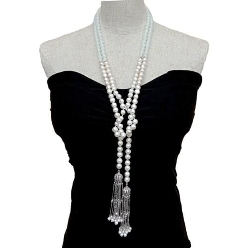 YYGEM 2 Strands 9-10mm Freshwater Cultured White round Pearl opal Crystal Tassel sweater chain Long Necklace 24"