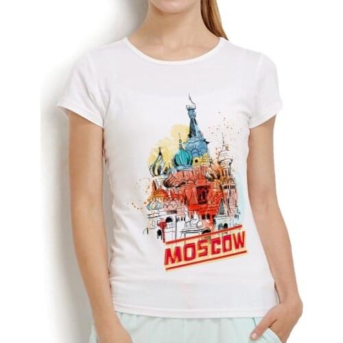Russia Moscow city Red Square watercolor drawing no glue print tshirt femme summer new white short sleeve casual women T Shirt