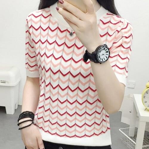 LJSXLS Elasticity Summer Striped Knitted Sweater Women Fashion Casual Sweaters O-Neck Short Sleeve Pullovers Tops Femme 2021