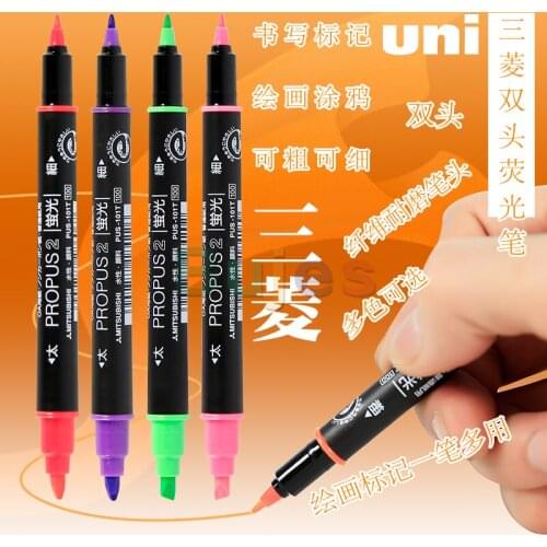 Uni PUS-101T Markers & Highlighters Dual Head Highlighter Marker Pen, Art Painting Office & School Supplies, 4pcs/lot