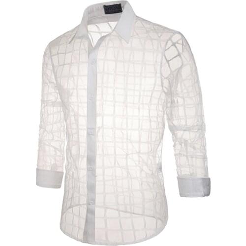 Men Chemise Homme Autumn Winter New Stage Style Lace Transparent Plaid Mens Lapel Long Sleeved Shirt Blouses et Chemises