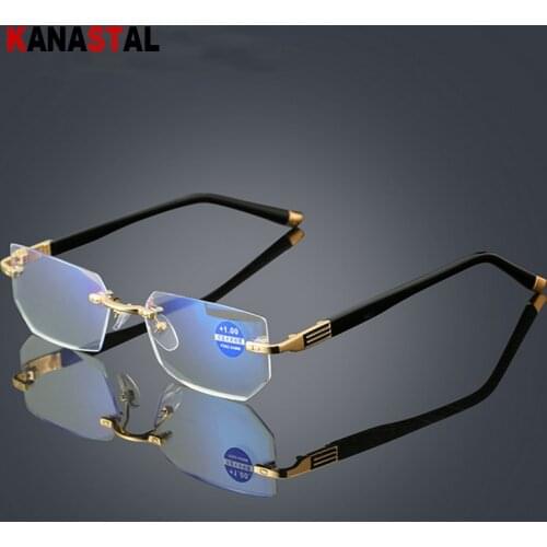 Anti Blue Ray Reading Glasses Women Dimond Cutting Rimless Eyewear Men Anti Fatigue Hyperopia Presbyopic Glasses +1.5
