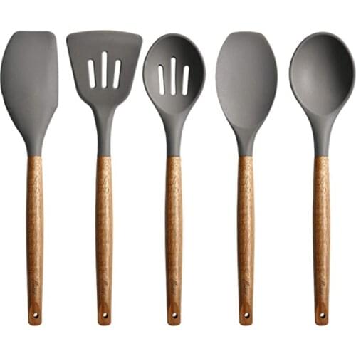 Set of 5 Silicone Cookware Set, Wooden Handle Spatula, Spoon Brush, Non Stick Cookware, Kitchen Utensils