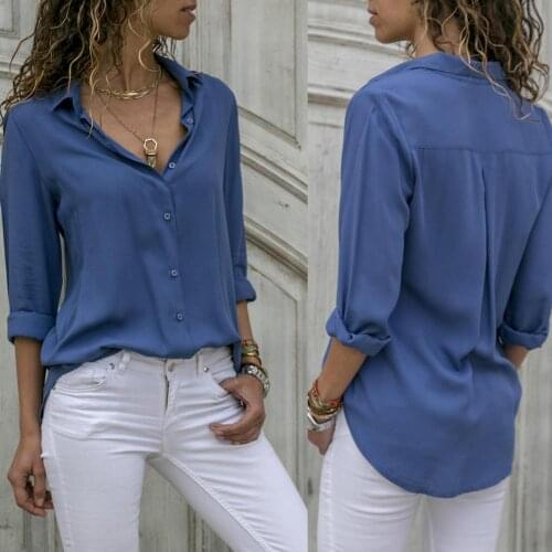 Office Lady Autumn Deep V Neck Turn Down Collar Chiffon Loose Buttons Down Shirt