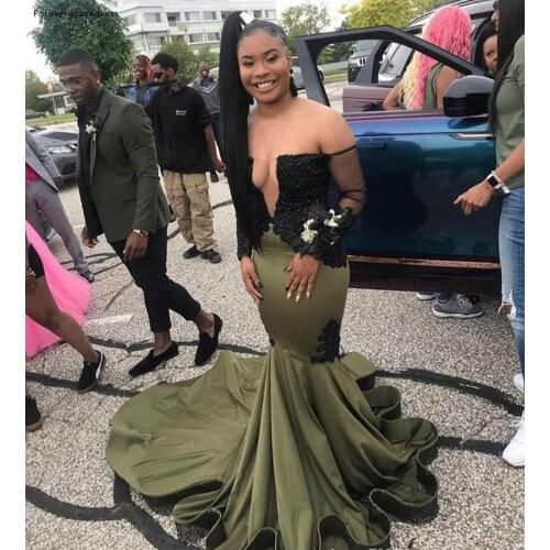 Long Sleeves Olive Green Prom Dresses African Black Girls Applique Pageant Holidays Graduation Wear Formal Evening Party Gowns