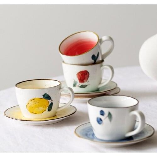 Pastoral Style 180Ml Vintage Lemon Rose Radish Ceramic Coffee Cups and Saucers Set Single Ear Mug Tea Cup Art Pastoral Cup