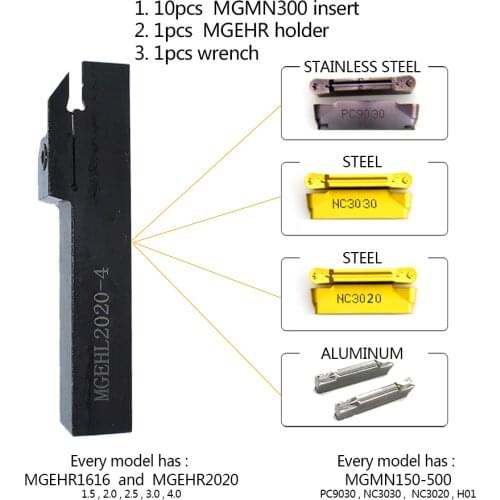 1pcs MGEHR1616-2 MGEHR1616-3 MGEHR2020-2 and 10pcs MGMN150 MGMN200 MGMN300 Inserts Grooving Lathe Turning Tool Holder Set
