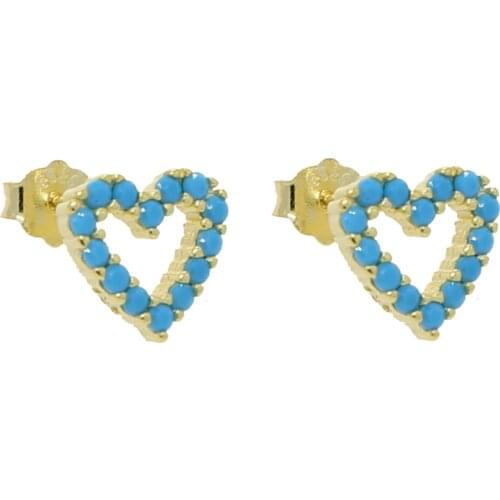 100% 925 Sterling silver Fine Jewelry Tiny Hollow Heart Pave Blue Turquoise Stone Minimal Delicate Cute Stud Earring 925