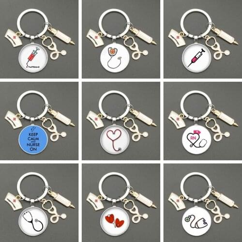 Doctor and Nurse Glass Keychain Stethoscope, Syringe, Dripping Oil, Alloy Medical Bag Male and Female Keychain Charm Love Gift