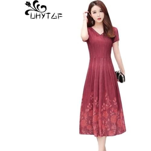 UHYTGF Summer dress fashion chiffon elegant dresses women printing pullover long dress middle-aged mother plus size dresses 838