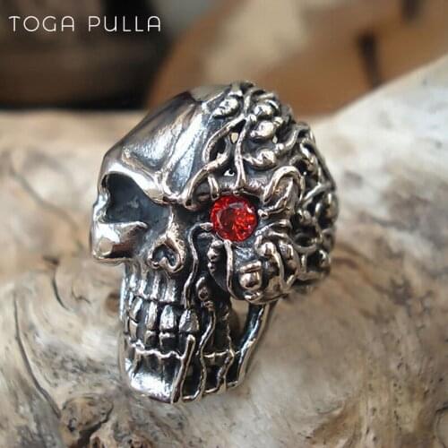 Unique Punk Skull Biker Ring Mens 316L Stainless Steel Red Eye Double-Sided Ghost Ring Vintage Men Boys Gothic Skull Ring
