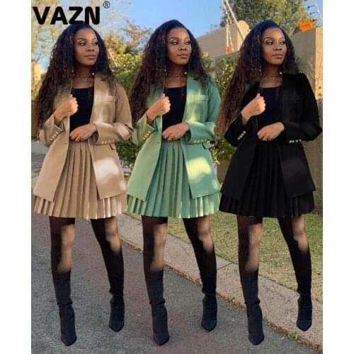 VAZN 2020 Autumn Winter High-end Plus Size Young Solid Regular Sweet Full Sleeve Cloth Mini Skirts Slim Women 2 Piece Set