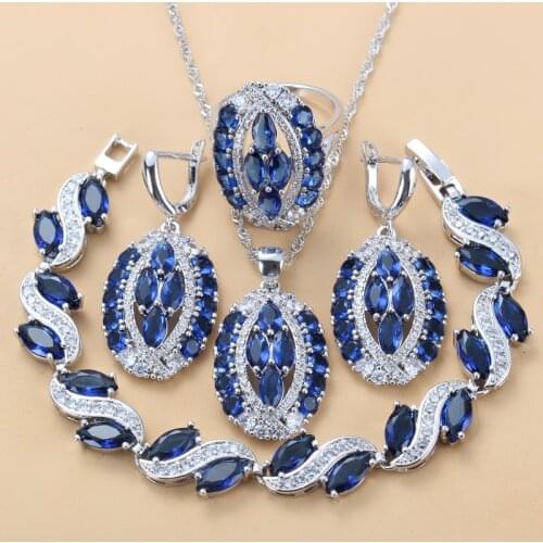Luxurious Big Jewelry Sets Silver Color With Natural Stone CZ Blue AAA+ Wedding Accessories Dangle Earrings/Bracelet Ring