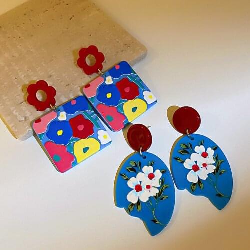 Korean Colorful Flowers Acrylic Earrings for Women Carving Flower Geometric Rectangle Drop Earrings Summer Jewelry