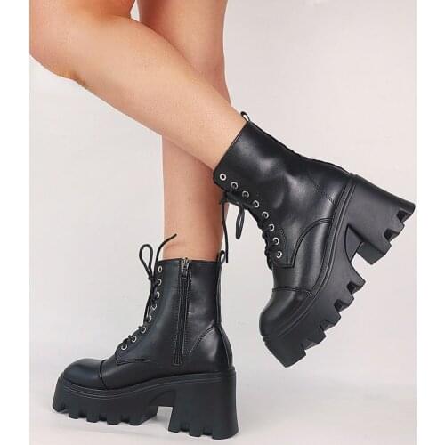 2021 new Big Size 43 Platform Chunky Heel Zipper Goth Motorcycle Boots Women Black Fashion Punk Cool Combat Ladies Shoes