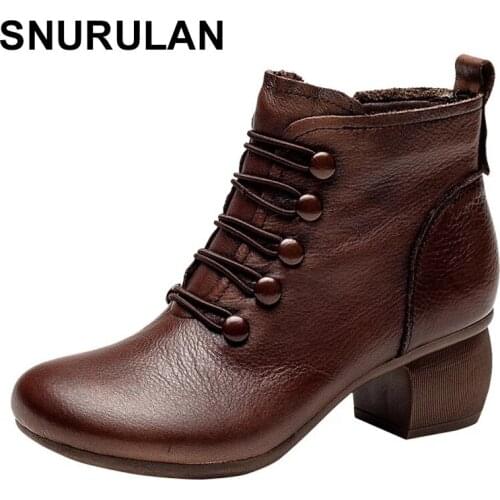 SNURULAN Women Boots Square Heel Platforms Leather Thigh High Pump Boots Shoes Velvet Womens Boots Round Head Martin Boot