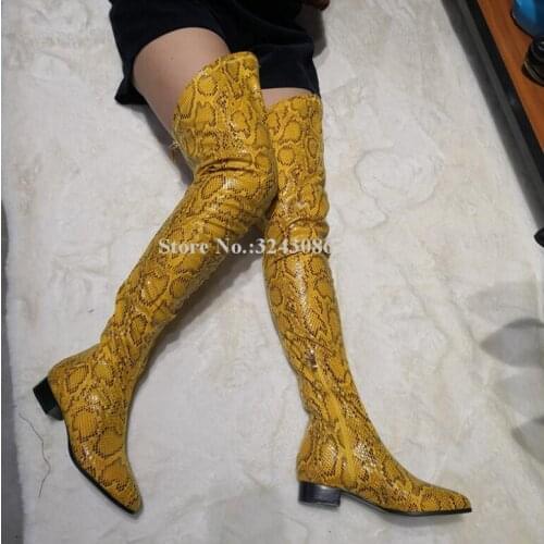 Women Yellow Snakeskin Leather Flat Long Boots Fashion Real Photos in Stock Over the Knee Thigh High Boots Lady Knight Boots