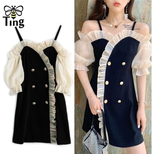 Tingfly Soft Girl Fashion Double Breasted Button Casual Black Mini Short Dress Cold the Shoulder Ruched Summer Dress Vestidos Za