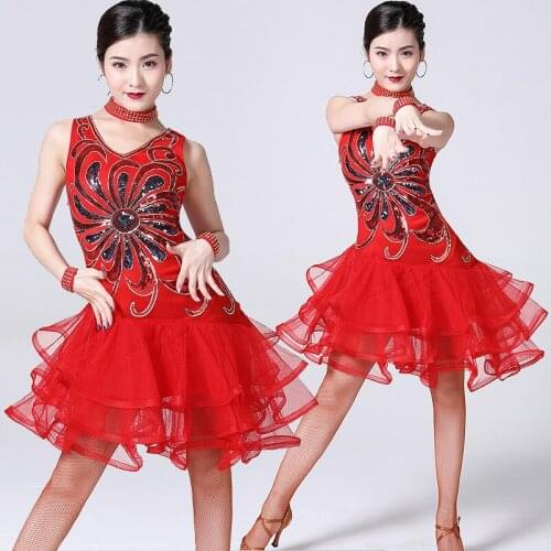 2021 New Style Women Latin Salsa Dance Dress Sequin Bead Embroidery Dresses Girls Cha Cha Ballroom Party Competition Costume