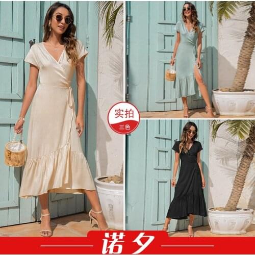 Dress Women Summer United States Ladies Summer Collection v-neck Irregular Bind Contracted Dresses Casual Vestidos LHX1056