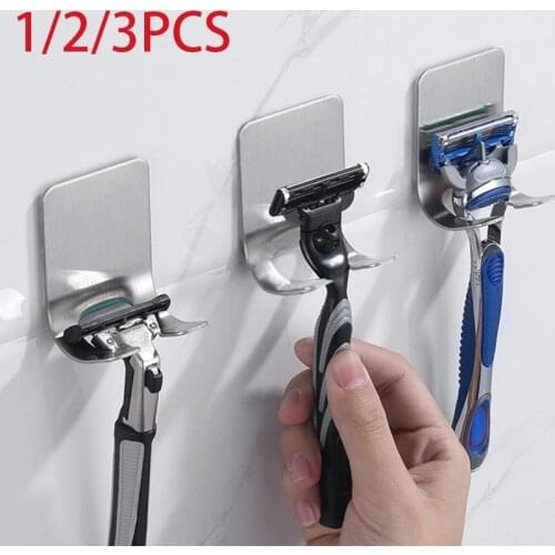 1/2/3Pcs Stainless Steel Razor Holder Storage Hook Wall-mounted Shaving Razor Stand Shelf Bathroom Razor Rack Hook Organizer