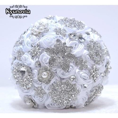 Kyunovia White Brooch Bouquet Rose Gold Jeweled Wedding Bridal Crystal Bling Boquet Luxury bouquet Memory bridal bouquet D59