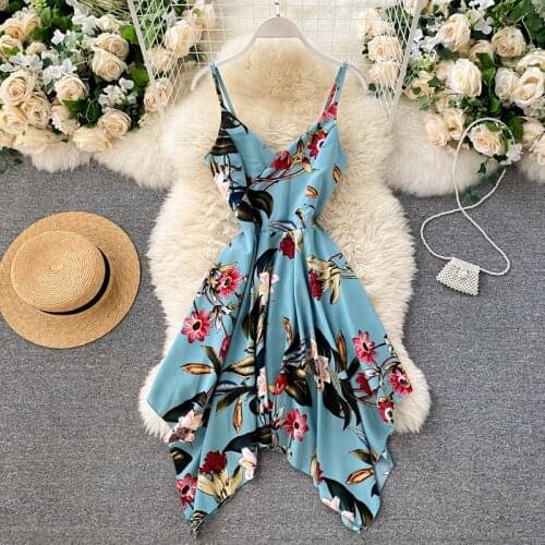 Boho Floral Print Sexy v neck Summer Irregular dress Women casual spaghetti strap party dress Beach holiday Asymmetrical dress