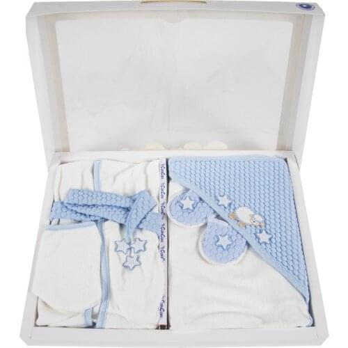 Newborn baby bathrobe set %100 cotton 4 pcs blue male baby bathroom set bathrobe bath towel slippers bath bladder made in turkey