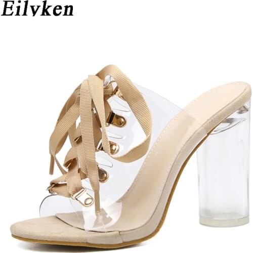 Eilyken 2021 Summer PVC Slippers High heels Pumps Fashion Outside Women Sandals Slides size 35-40 Apricot Black