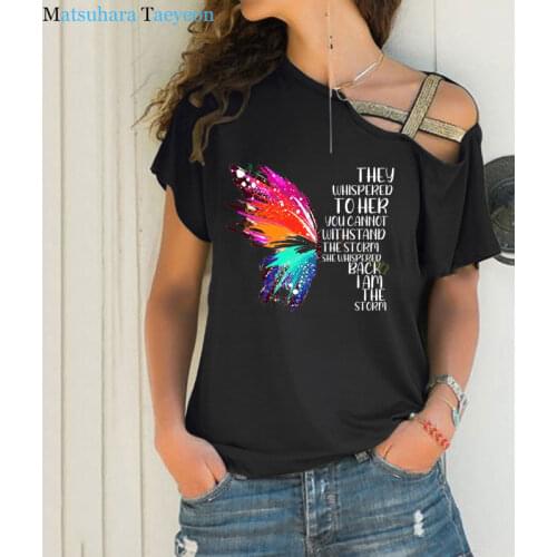 Colorful Butterfly T shirt For Woman summer Womens Tshirt Fashion Clothing Irregular Skew Cross Bandage Funny T-Shirts Tops
