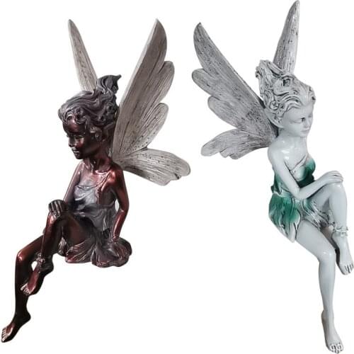 Resin Flower Fairy Statue Sitting Art Sculpture Figurines Angel Wings Garden Ornament Craft Landscaping Home Decoration Outdoor