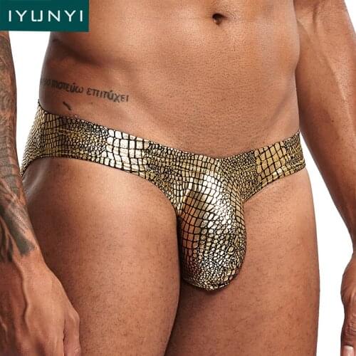 IYUNYI Men Underwear Briefs Sexy Bright Snake Skin Low Waist Mens Underpants U Convex Pouch Underwear Sexy Bikini Male Panties