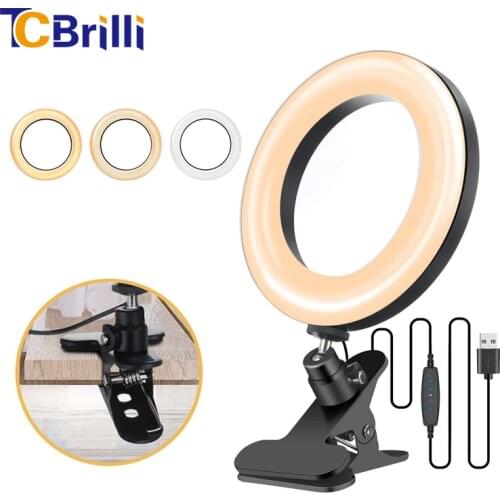 6" Mini LED Selfie Ring Light with Clamp Mount Dimmable Photography Ring Lamp for Video Conference Makeup YouTube Live USB Plug