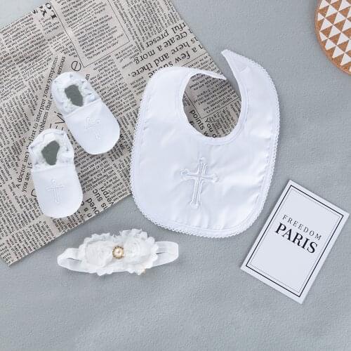 3 pcs Baby Bib Set Newborn Girls White Christening Baptism Bibs Shoes Headband Suit Infant Embroidery Burp Cloth Bandana Scarf