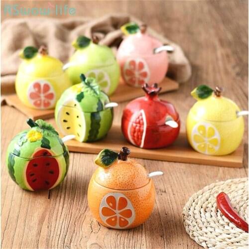 Creative Ceramic Condiment Jar Cute Fruits With Spoon And Lid Sugar Salt Jar Kitchen Supplies Seasoning Pot Storage Spice Bottle