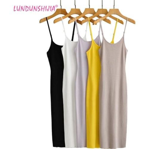 LUNDUNSHIJIA 2021 Summer Stretch Knitting Women Dress Sexy Straps Slim Fit Party High Split Long Dresses Vestidos Femme 5 Colors