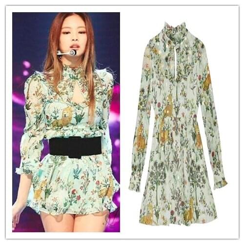 Kpop Korean Celebrity fashion small fresh floral long sleeved dress women summer streetwear Harajuku Stand collar mini dresses