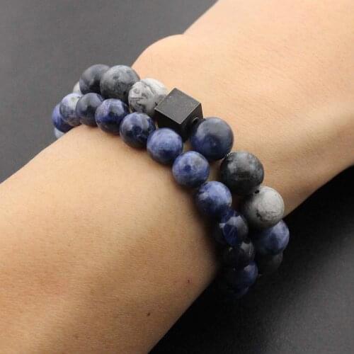 2pcs/set Fashion Women Bracelet Stainless Steel Black Sqaure Bead Natural Stone Bead Bracelet For Men Jewelry Gift