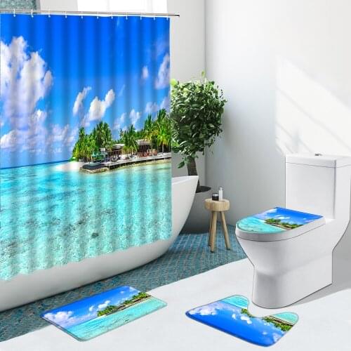 Seaside Scenery Beach Waves Shower Curtain Sunset Non-Slip Flannel Rugs Toilet Cover Bath Mat Bathroom Set Home Decor Washable