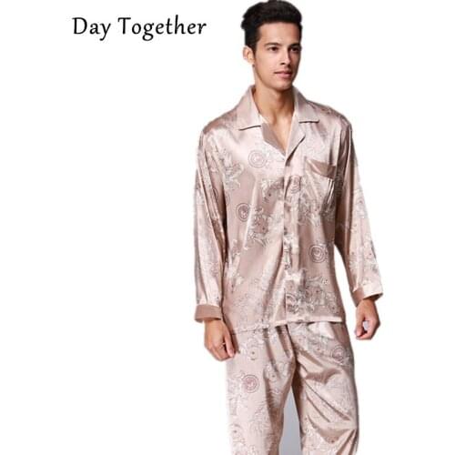 Mens Satin Silk Sleepwear Long Sleeves Faux Silk Pajamas Suit Man Loose Printed Paisley Night Pyjamas 2 piece set Male
