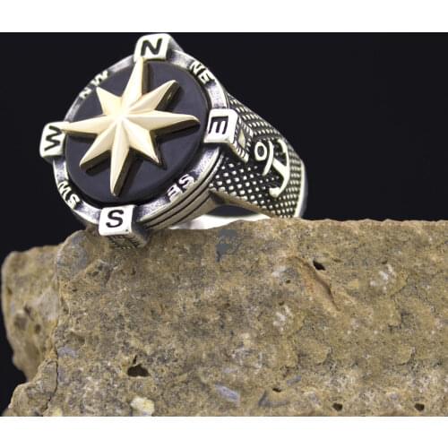 Solid 925 Sterling Silver Onyx Stone Sailors Compass Anchor Mens Ring