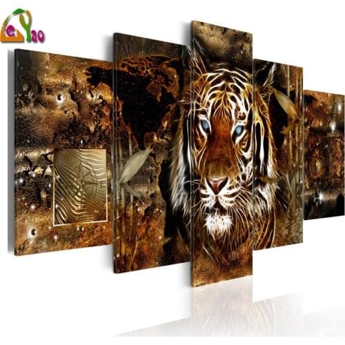Full Drill 5D Diy Diamond Painting Golden Jungle Tiger Cross Stitch Diamond Embroidery Mosaic Home Decor Accessories 5 PIECES