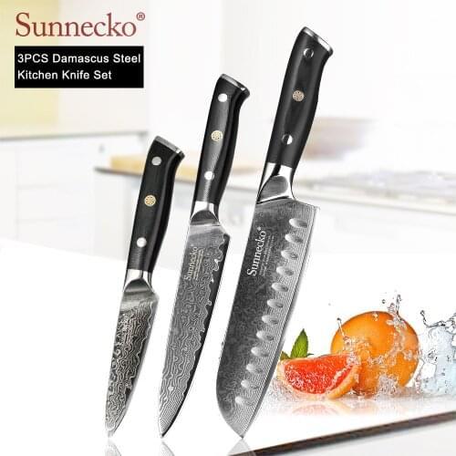SUNNECKO 3PCS Damascus Kitchen Knives Set Santoku Utility Paring Knife Japanese VG10 Steel G10 Handle Sharp Meat Fruit Cutting