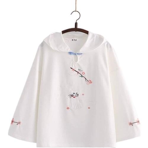 Autumn 2021 New Moon Cat Rabbit Flower Embroidery Cotton Harajuku Hoodies Trumpet Sleeve Hooded Sweatshirt Women Pullover 20184