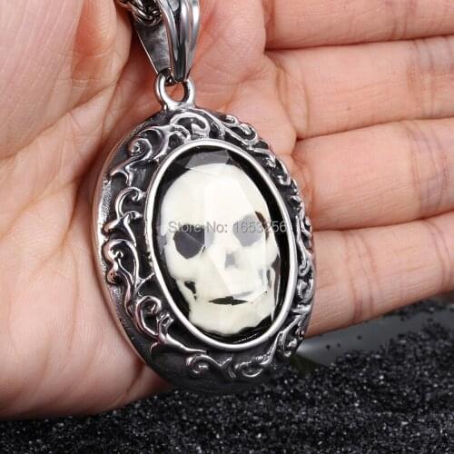 Mens Cool Gifts Jewelry Stainless Steel Large Gothic Biker Skull Oval Pendant Necklace 22" Rope Chain