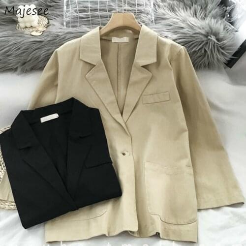 Blazers Womens Vintage Single Button Notched Solid Casual Chic Fashion Long Sleeve All-match Autumn Coat Loose Korean Style Ins
