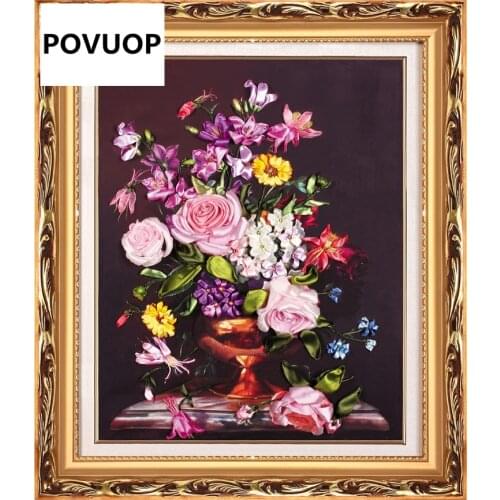 POVUOP 5d print ribbon embroidery 60X 50cm flowers fashion flower cross stitch paintings three-dimensional embroidery