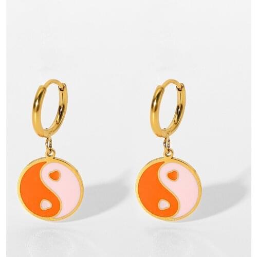 18K PVD Gold Plated Stainless steel hoop earrings Orange Heart enamel jewelry yin yang earrings