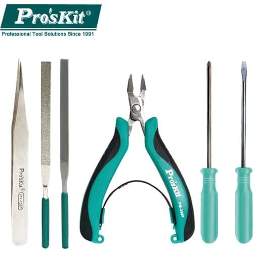 Proskit Model DIY Making Tools Kit Stainless Steel Diagonal Cutting Pliers Screwdriver Anti-Magnetic Tip Tweezers Repair Set
